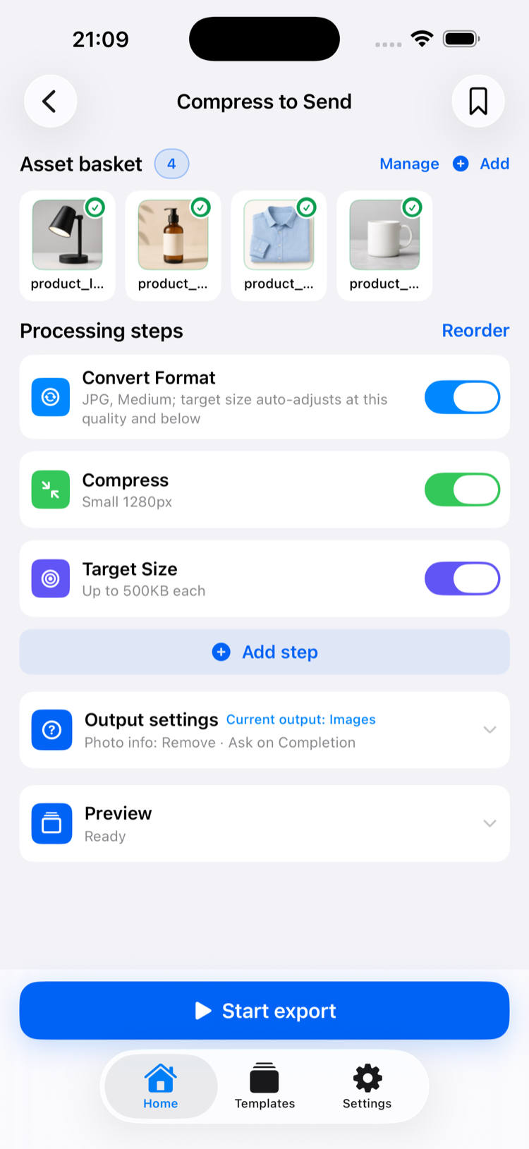 PicsDone workbench showing an asset basket, processing steps, output settings, and preview